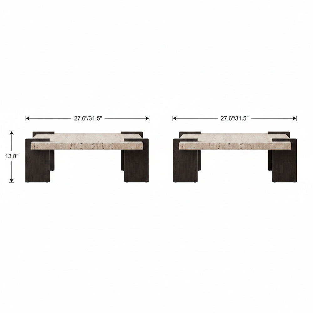 Dimension diagram of the square coffee table with a light speckled top and dark brown block legs.