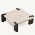 Square coffee table with a light speckled top and dark brown wrap-over block legs on a white background.
