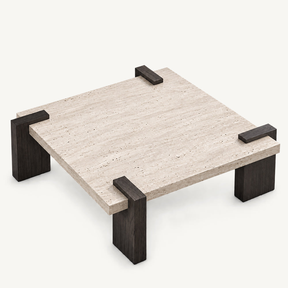 Square coffee table with a light speckled top and dark brown wrap-over block legs on a white background.