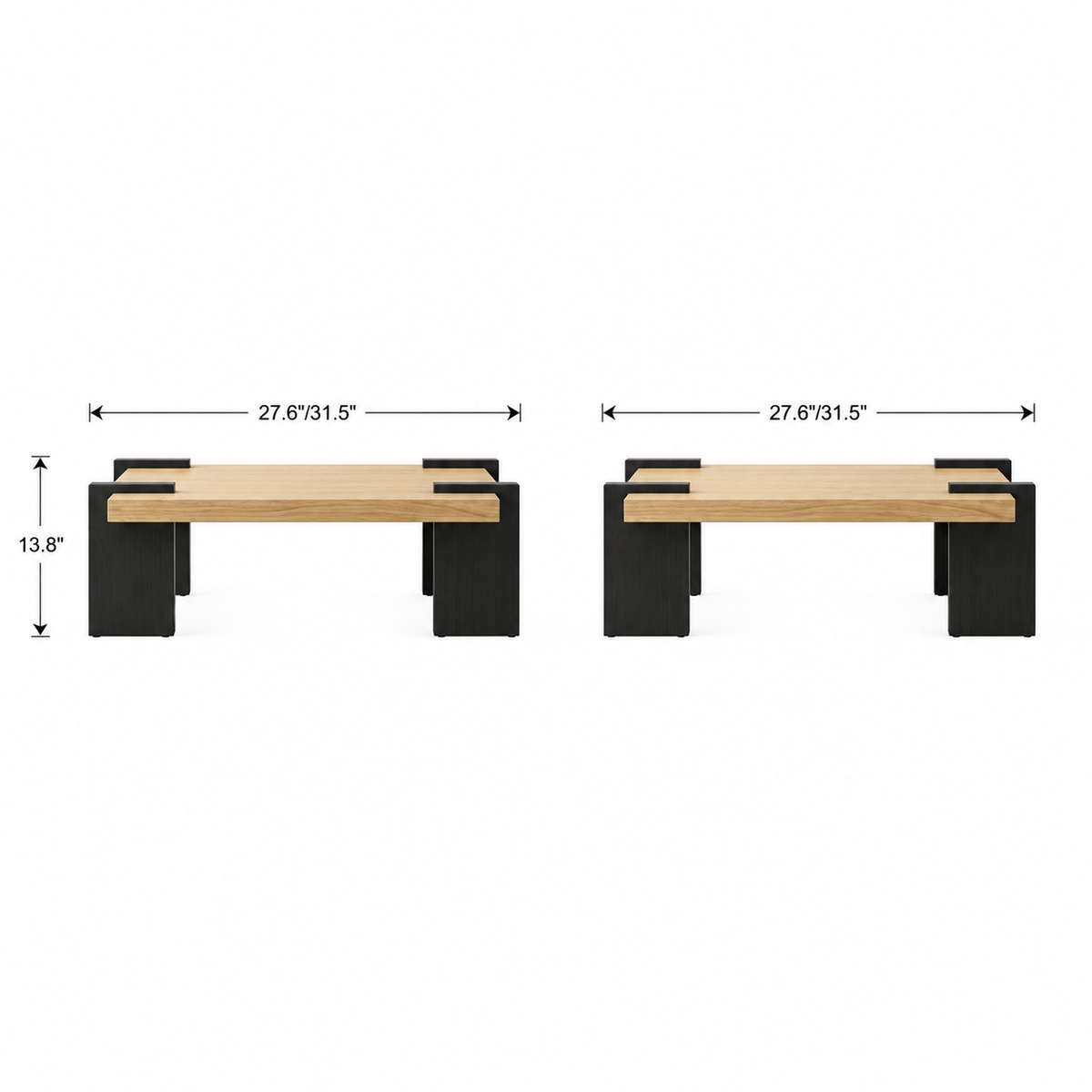Dimension diagram of the square coffee table with a light wood-grain top and black block legs.