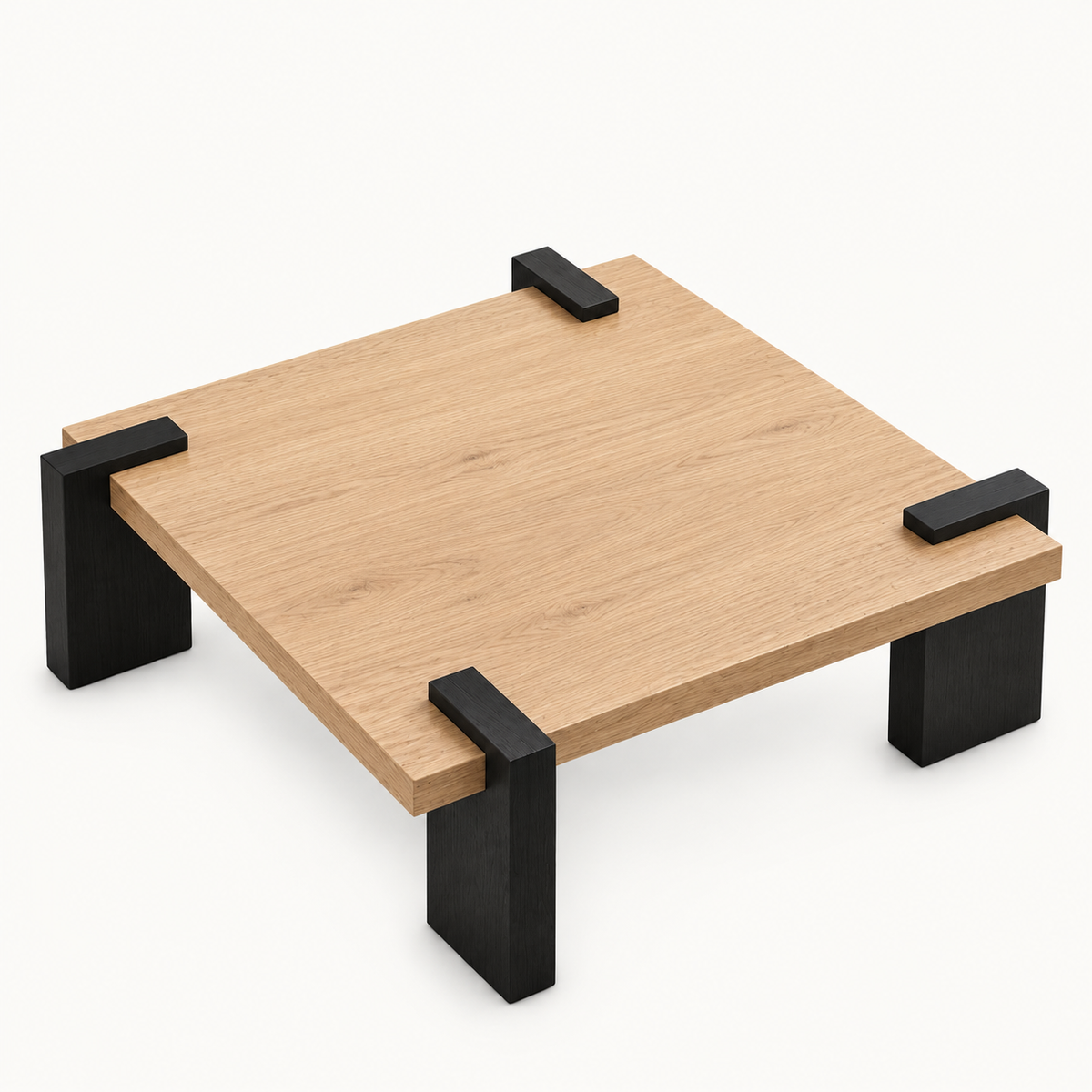 Square coffee table with a light wood-grain top and black wrap-over block legs on a white background.