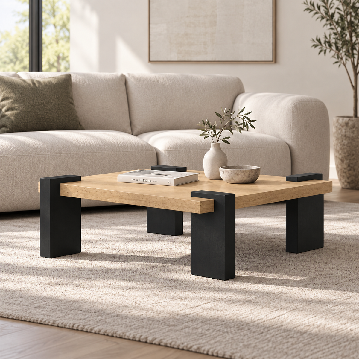Angled view of the light wood-grain-top square coffee table beside a cream sofa.