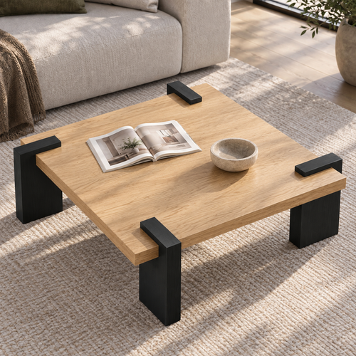 Square coffee table with a light wood-grain top and black block legs extending over its edges, viewed from above.