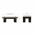 Front and end dimension diagram of the upholstered bench with block legs and strap details.