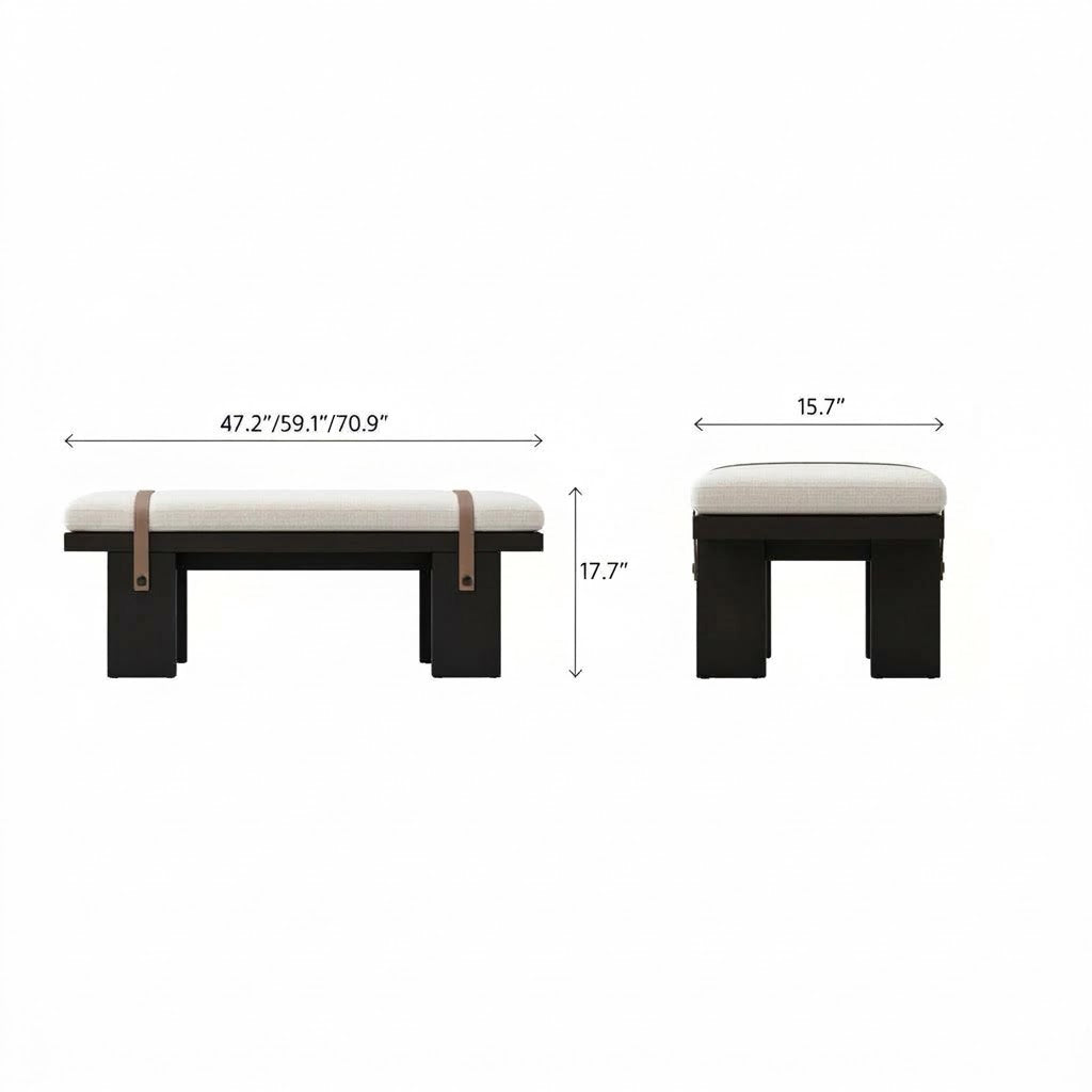 Front and end dimension diagram of the upholstered bench with block legs and strap details.