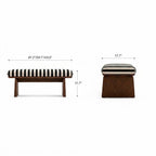 Front and end dimension diagram of the striped upholstered bench with brown panel legs.
