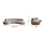 Front and side dimension diagram of the compact taupe curved modular sofa.