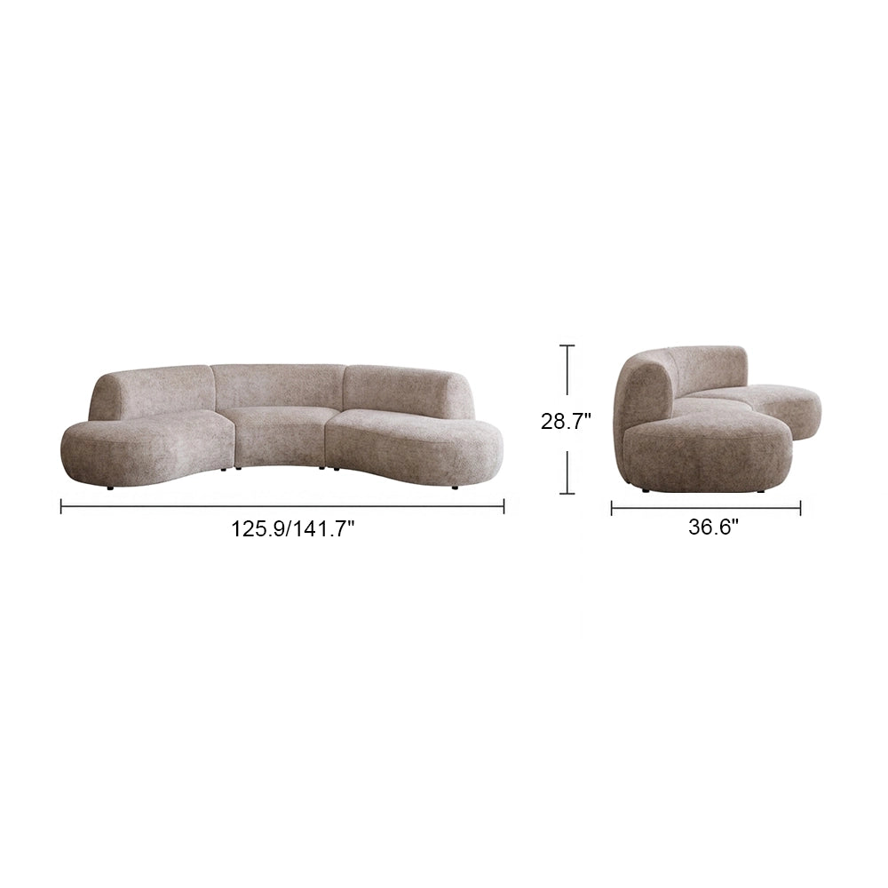 Front and side dimension diagram of the compact taupe curved modular sofa.