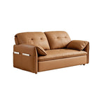 Caramel-brown sofa bed in sofa form with tufted back cushions and gold-tone feet on a white background.