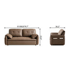 Dimension diagram of the tufted sofa bed in sofa form with curved arms and side pockets.