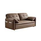 Taupe-brown sofa bed in sofa form with curved arms, loose pillows and gold-tone feet on a white background.