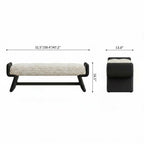 Front and side dimension diagram of the cream upholstered bench with black supports and a lower rack.