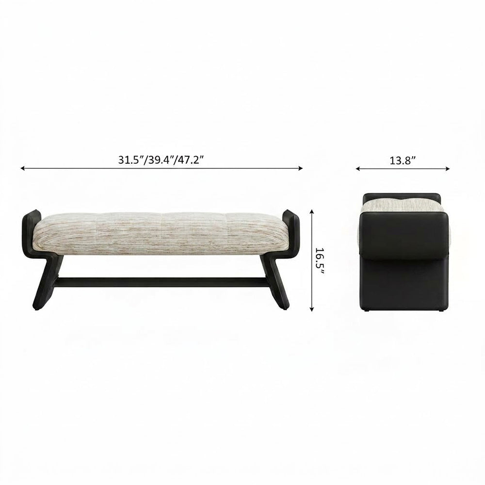 Front and side dimension diagram of the cream upholstered bench with black supports and a lower rack.
