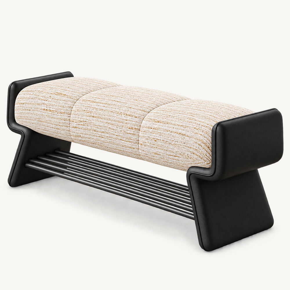 cream textured bench cushion between raised black ends, above angled side supports and a slatted shoe rack.