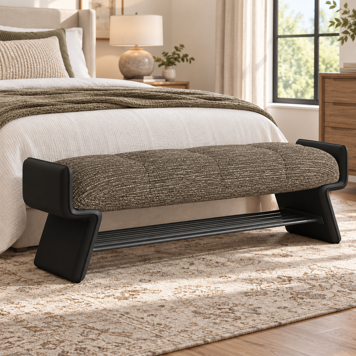 dark taupe upholstered bench with a black frame and open shoe rack at the foot of a bed.