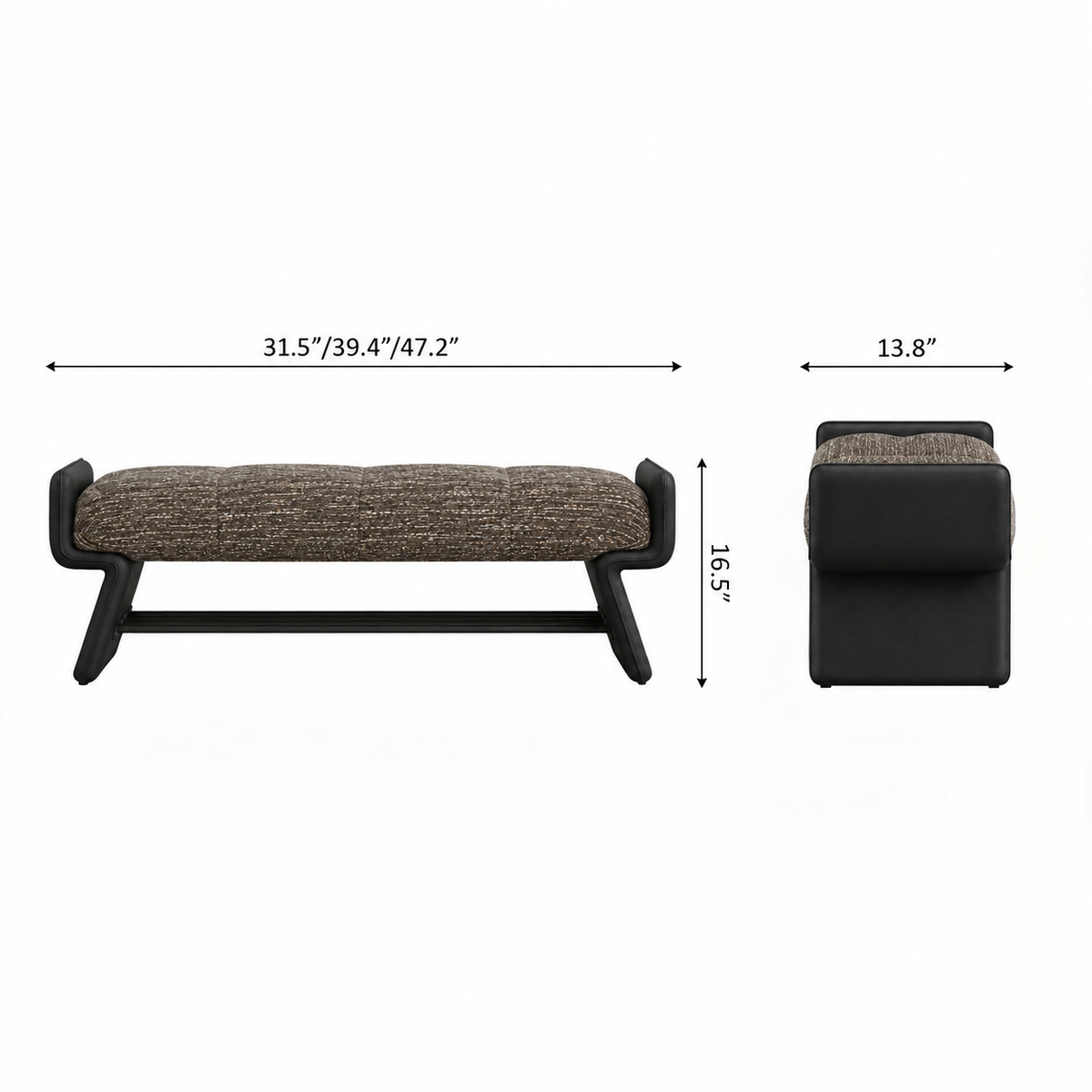 Front and side dimension diagram of the dark taupe upholstered bench with black supports and a lower rack.