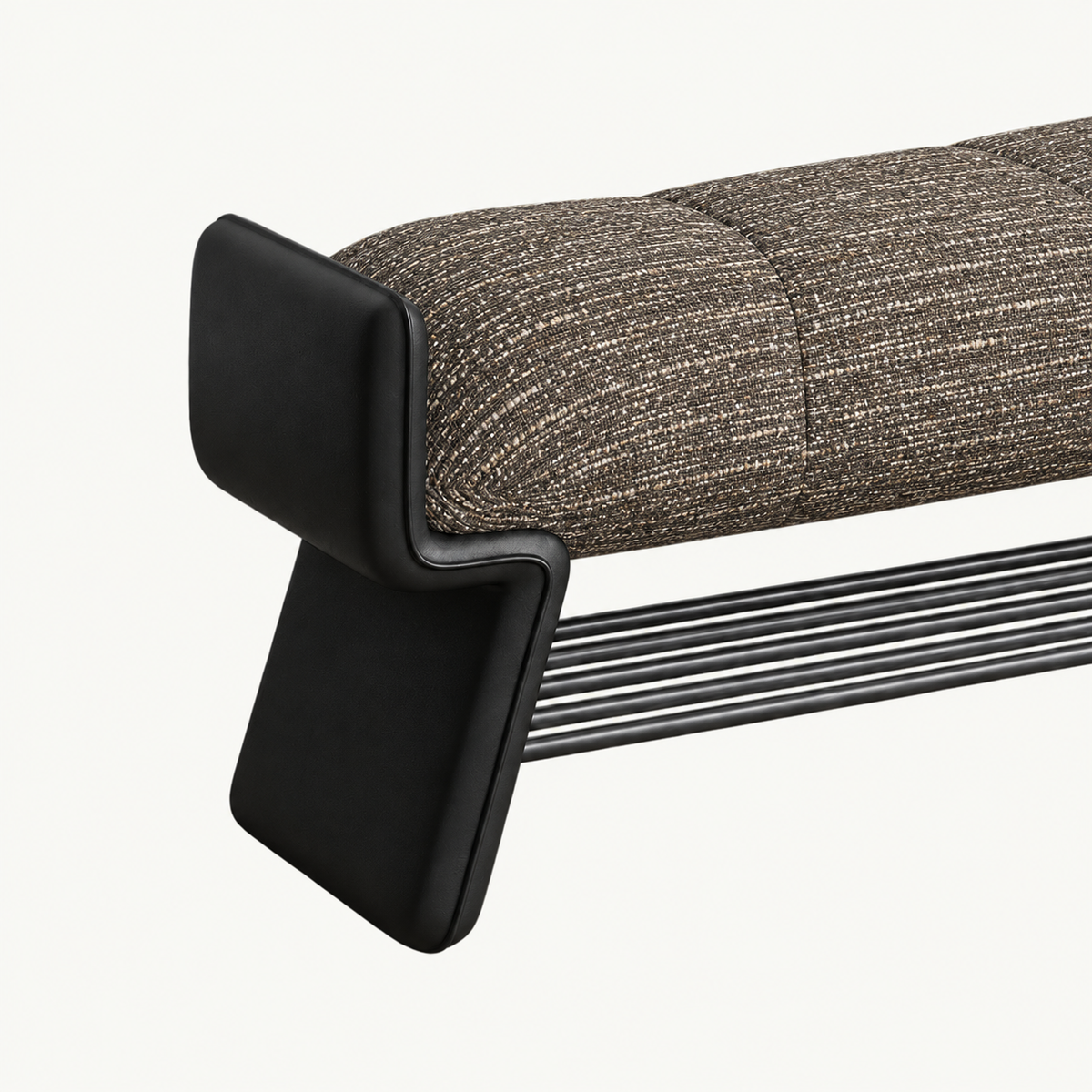 Close-up of the dark taupe bench cushion, raised black end support and lower shoe rack.