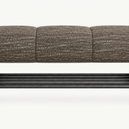 Front detail of the dark taupe upholstered bench seat and parallel bars of its black lower rack.