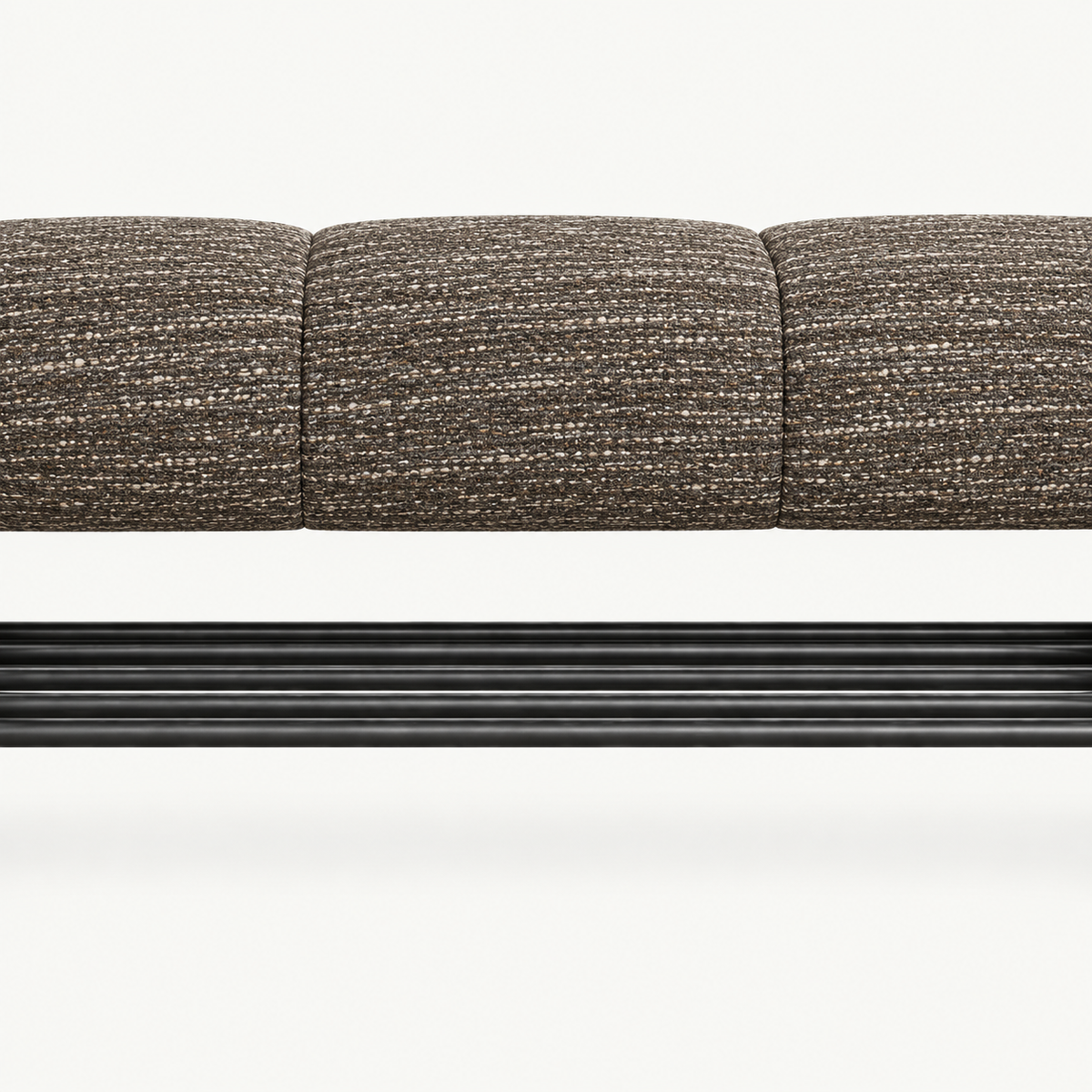 Front detail of the dark taupe upholstered bench seat and parallel bars of its black lower rack.