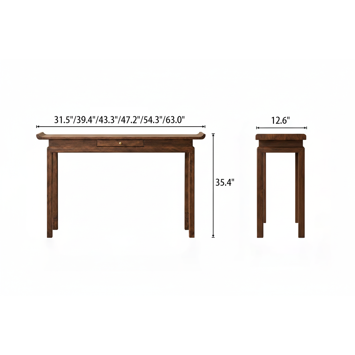 Front and side dimension diagram of the brown console table with upturned ends and a center drawer.