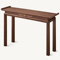 Brown console table with raised tabletop ends, a central drawer with a small gold-tone knob and straight legs.