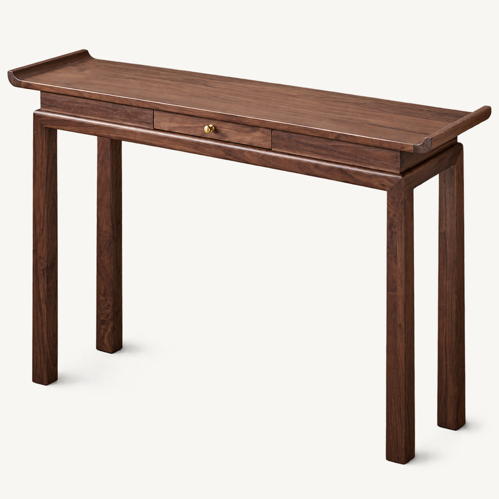 Brown console table with raised tabletop ends, a central drawer with a small gold-tone knob and straight legs.