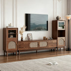 Brown TV cabinet with woven-pattern doors, shown between two coordinating tall storage cabinets.