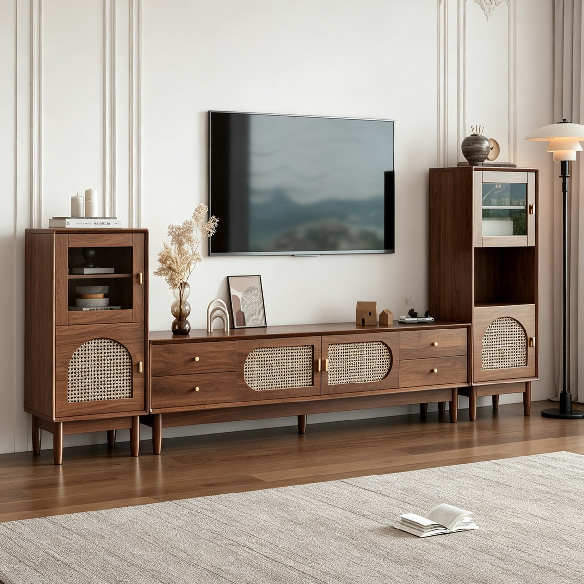 Brown TV cabinet with woven-pattern doors, shown between two coordinating tall storage cabinets.