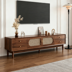 Compact brown TV cabinet with two woven-pattern center doors and drawers at both ends.