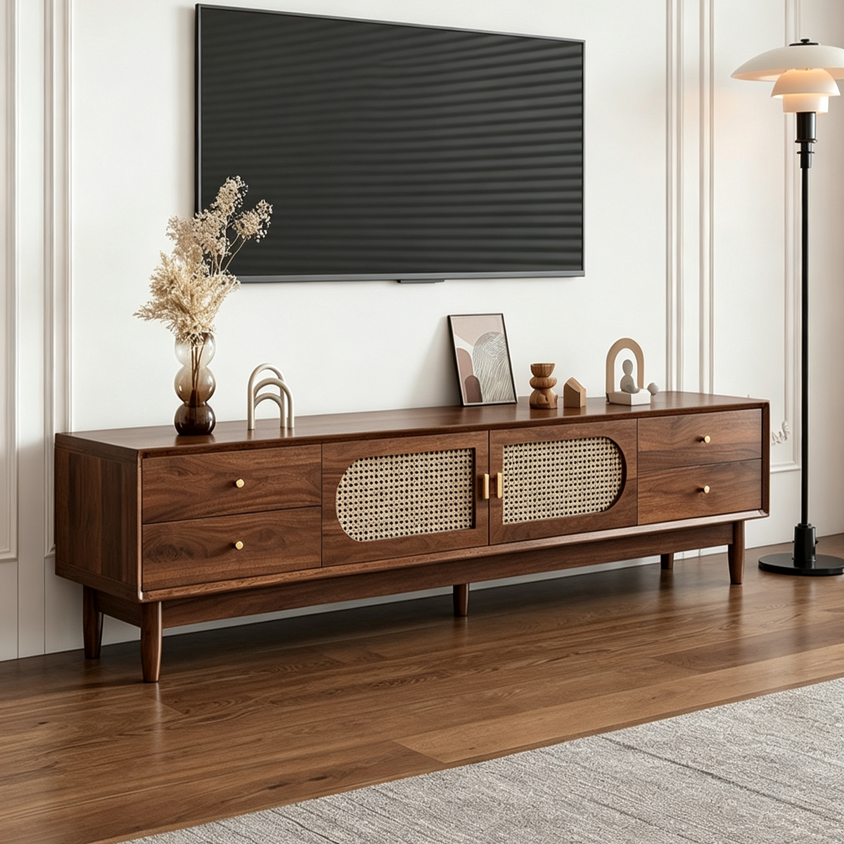 Compact brown TV cabinet with two woven-pattern center doors and drawers at both ends.