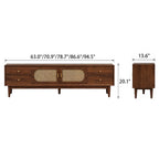 Front and side dimension diagram of the TV cabinet with woven-pattern doors and drawer storage.