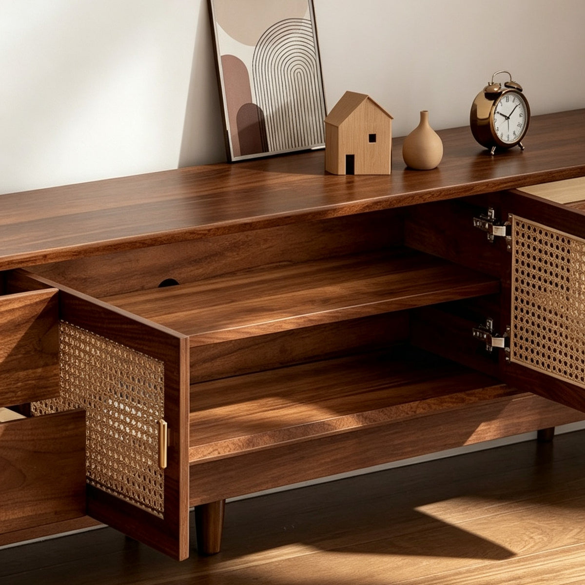 TV cabinet with woven-panel center doors open to reveal interior storage shelves.
