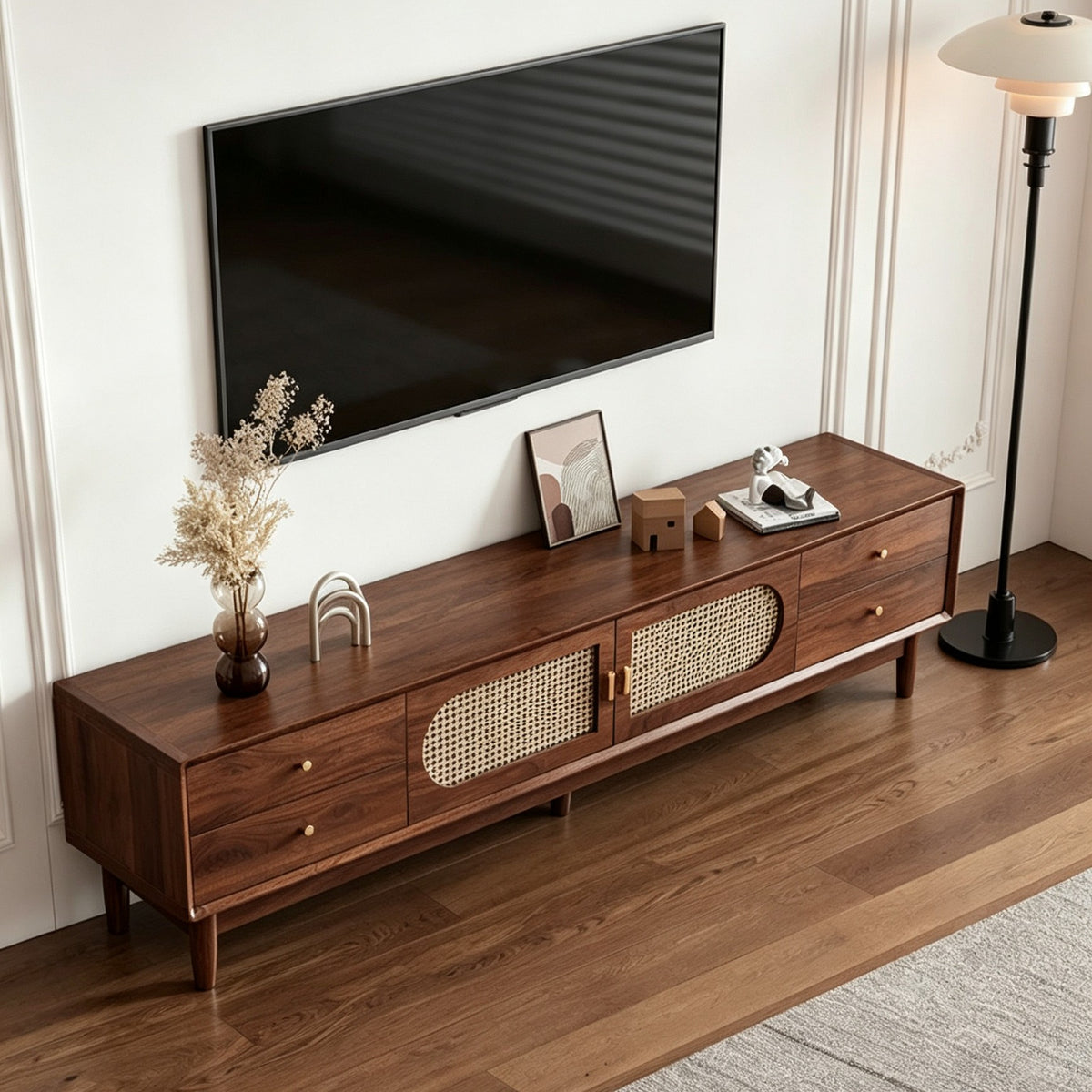 Angled overhead view of the brown TV cabinet with side drawers and woven-pattern center doors.