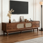 Brown TV cabinet with woven-pattern center panels and side drawers, styled beneath a wall-mounted television.