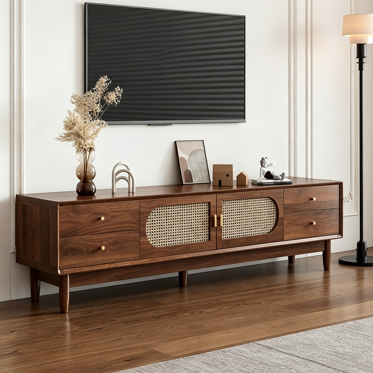 Brown TV cabinet with woven-pattern center panels and side drawers, styled beneath a wall-mounted television.