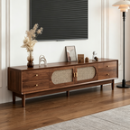 Wide brown TV cabinet with pale woven-pattern doors, multiple drawers and slender legs.
